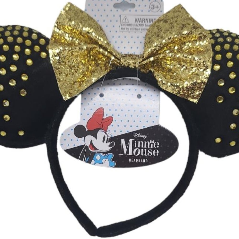 Disney Minnie Mouse Velvet Ear Headband with Bow, Black/Gold - NEW